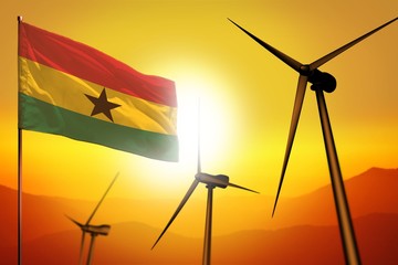 Ghana wind energy, alternative energy environment concept with wind turbines and flag on sunset industrial illustration - renewable alternative energy, 3D illustration