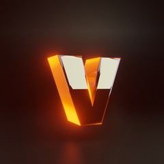 Wall Mural - 3d letter V lowercase. Glowing glossy metallic font with orange lights isolated on black background.