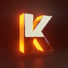 Wall Mural - 3d letter K uppercase. Glowing glossy metallic font with orange lights isolated on black background.