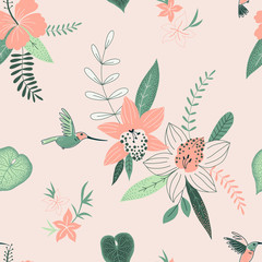 Tropical flowers color vector seamless pattern. Jungle plants background. Flying hummingbird. Exotic plants orchids and hibiscus. Decorative botanical textile, wallpaper, wrapping paper design