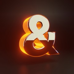 Wall Mural - 3d ampersand symbol. Glowing glossy metallic font with orange lights isolated on black background.