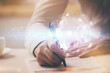 © peshkova - Man's hands working with notes background. Social networking concept.