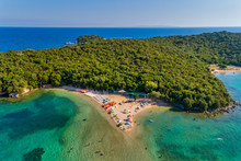 Aerial Drone Bird's Eye View Of Bella Vraka Beach With Turquoise Sea In Complex Islands In Sivota Area, Ionian Sea, Epirus, Greece