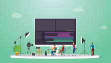 Movie Or Video Production Concept With Team Video Editor With Some Tools To Edit Videos With Modern Flat Style - Vector