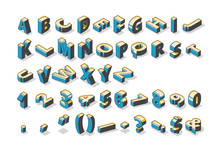 Isometric Alphabet, Numbers And Punctuation Marks Standing And Lying In Row On White Background. Abc Uppercase Letters, Typography 3d Elements, Signs, Symbols. Vector Illustration In Line Art Style