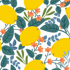 Wall Mural - Tropical seamless pattern with yellow lemons, leaves and flowers on white. Fruit repeated background. Vector bright print for fabric or wallpaper. 