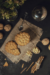 Wall Mural - Top view biscuits on burlap fabric