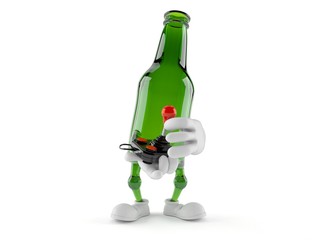 Poster - Green glass bottle character holding retro joystick