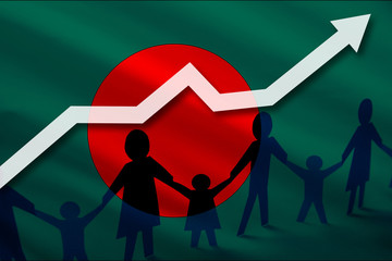 Wall Mural - Bangladesh flag on a background of a growing arrow up and people with children holding hands. Demographic growth of the country, tourists, refugees, immigrants