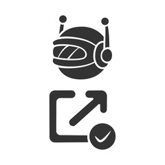 Sticker - Backlink checker bot glyph icon. Website optimization. Artificial intelligence. Support service bot. SEO assistant, ai. Robot machine. Silhouette symbol. Negative space. Vector isolated illustration