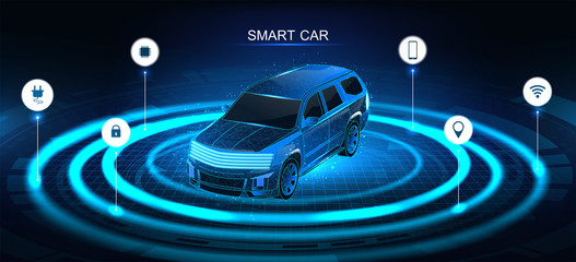 Isometric smart 3d crossover. Car banner, electric machine, vehicle. Smart jeep banner with icons and machine benefits. Isometric autonomous car vehicle with infographic. Intelligent car banner. 