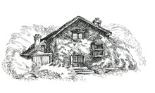 Old Country House. Ink Drawing.