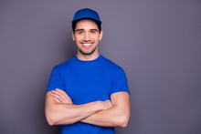 Close Up Photo Express Specialist He Him His Delivery Boy Strong Arms Crossed Beaming Smile Self-confident Person Order Offer Customer Wear Blue T-shirt Cap Corporate Suit Isolated Grey Background