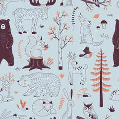 Autumn Forest seamless vector pattern. Woody landscape with Bear Deer Hare Wolf Moose Fox Owl Squirrel creatures repeatable background. Woodland childish print in Scandinavian decorative style. Cute