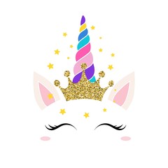 Unicorn queen card vector illustration. Magic pretty equine face with closed eyes with long eyelashes in joy. Happy mythical animal with glittery crown flat style concept. Isolated on white background