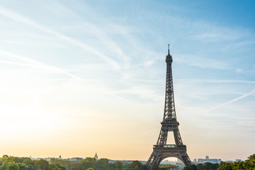  PARIS, FRANCE - August 19, 2018: Eiffel Tower, nickname La dame de fer, the iron lady, The tower has become the most prominent symbol of  Paris. Paris, France