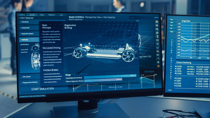 Poster - Professional Engineer Works on a Computer with a 3D CAD Software and Tests the Electric Car Chassis Prototype with Wheels, Batteries and Engine Standing in a High Tech Development Laboratory.
