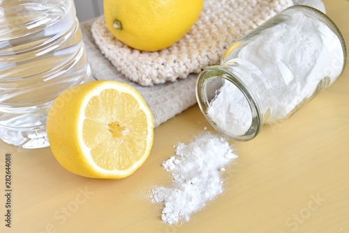 Natural products for home cleaning, lemon, baking soda and vinegar, eco friendly, zero waste cleaners.