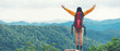 Women hiker or traveler with backpack adventure feeling victorious facing on the mountain, outdoor for education nature on vacation. Travel and Lifestyle Concept