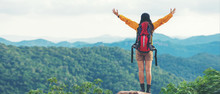 Women Hiker Or Traveler With Backpack Adventure Feeling Victorious Facing On The Mountain, Outdoor For Education Nature On Vacation. Travel And Lifestyle Concept