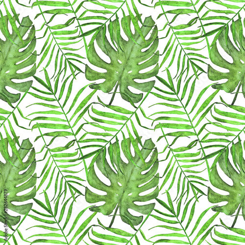 watercolor palm leaves and monstera seamless pattern. Summer bright pattern o...