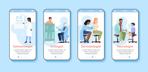 Wall Mural - medical examination onboarding mobile app screen template. ophthalmologist, urologist, dermatologist