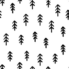 Hand draw Christmas Tree Seamless Pattern black and white colors. Monochrome Vector Simple Scandinavian Background. Ink Doodle texture for New Year 2020. For Postcards, packaging, printing on fabric