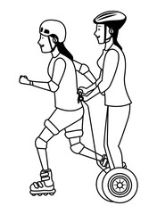 Sticker - Friends with electric scooter and skateboard in black and white