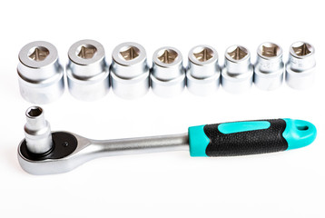 socket wrench. perfect tool kit. Chrome Vanadium Steel. metallized fix equipment. socket wrench isolated on white background. Automotive repair done right