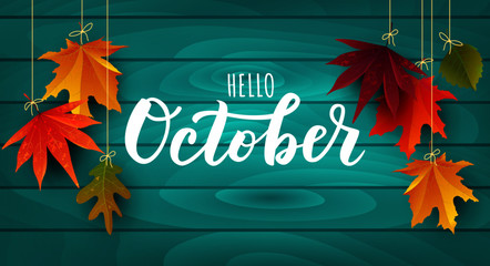 october word. hand lettering typography with autumn leaves. vector illustration as poster, postcard,