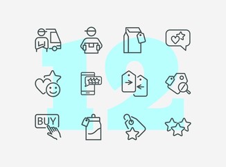 Sticker - Mobile shopping line icon set. Set of line icons on white background. Paper packet, mark, star. Online shopping concept. Vector illustration can be used for topics like technology, apps