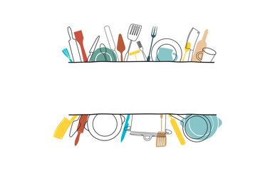 Wall Mural - Cooking Template Frame with Hand Drawn Utensils and Plase for your Text. Background with Cutlery for Design Works. Vector  illustration.