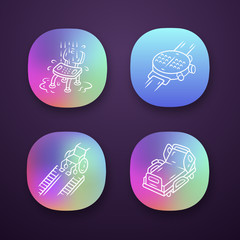 Sticker - Disabled devices app icons set. Shower chair, hospital bed, wheelchair ramp, braille smartwatch, gadget. UI/UX user interface. Web or mobile applications. Vector isolated illustrations