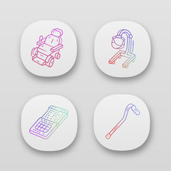 Sticker - Disabled devices app icons set. Motorized wheelchair, patient lift, cane, braille smartphone. Mobility aids, equipment. UI/UX user interface. Web or mobile applications. Vector isolated illustrations