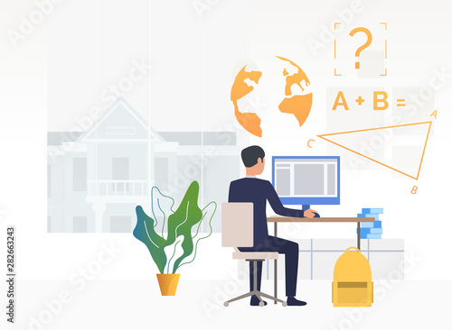 Student Using Computer And Studying At Desk Learning Information