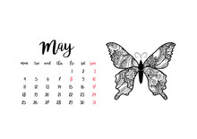 Monthly Desk Calendar Horizontal Template 2020 For Month May. Week Starts Monday