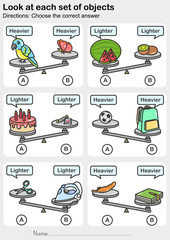 Wall Mural - Weight measurement worksheet - Look at each set of objects. - Choose the correct answer. - Worksheet for education.
