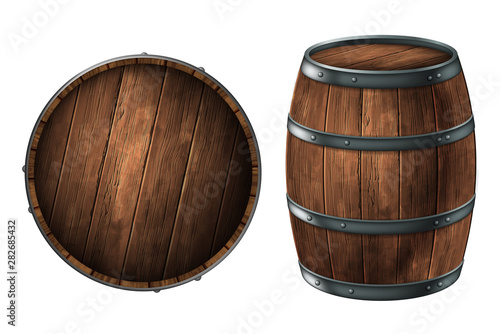 Fotografía A wooden barrel for storing alcoholic beverages and a barrel lid