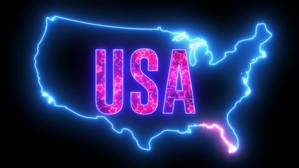 Wall Mural - United States of America map with neon glowing light. Creative animation of America, shiny outline USA map. 