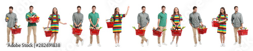 Fotografía  Set of people with shopping baskets on white background