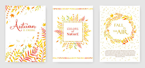 Autumn color invitation with floral branches. Autumn cards templates for save the date, wedding invites, greeting cards