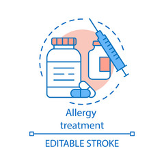 Poster - Allergy treatment concept icon. Vaccination and immunization idea thin line illustration. Allergic diseases prevention. Pills bottle, vaccine, syringe. Vector isolated outline drawing. Editable stroke