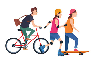 Poster - Young peple with sakteboard, skates and bikes