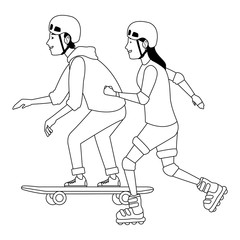 Sticker - Young people on skateboard and skates in black and white