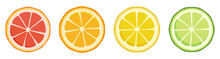 Vitamin C. Set Of Vector Isolated Elements. Bright Fresh Ripe Juicy Grapefruit Orange Lemon Lime Slices Isolated On A White Background. Template For Animation Design, Icon, Logo, Poster, Advertising.