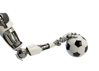 Robotic arm with soccer ball, 3d rendering