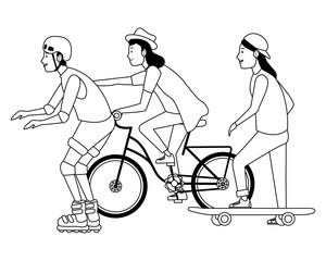 Sticker - Young peple with sakteboard, skates and bikes in black and white