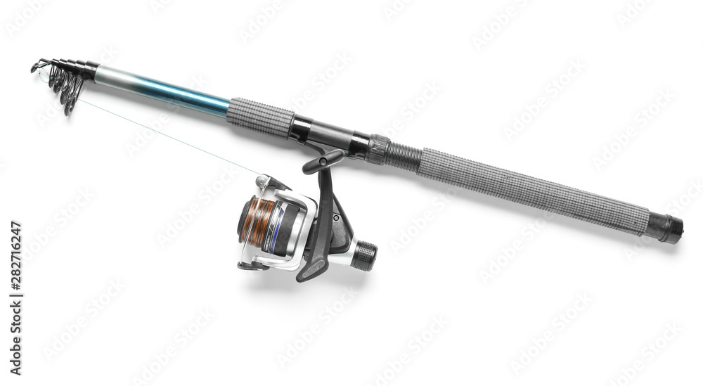 Modern fishing rod on white background
