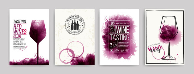 Wall Mural - Collection of templates with wine designs.  illustration and hand drawing of wine glass. Brochure, poster, invitation card, promotion banner, menu, list, cover. Wine stains backgrounds.