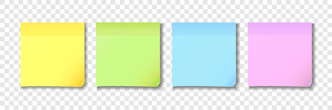 yellow, green, blue and pink sticky notes paper. colored post note paper on transparent background. 